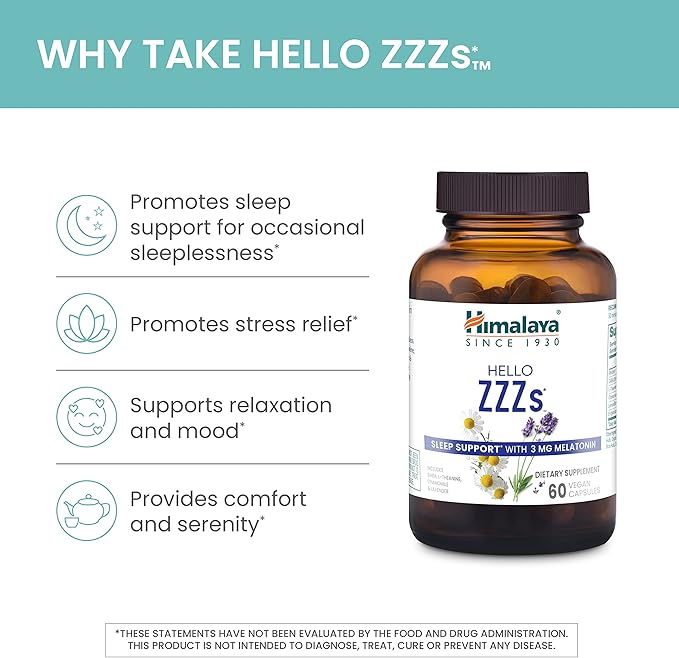 Himalaya Hello ZZZs 60 Day Supply - Herbal Sleep Supplement with Melatonin GABA L-Theanine Lavender Chamomile and Lemon Balm - Vegan Non-GMO Gluten Free 60 Capsules