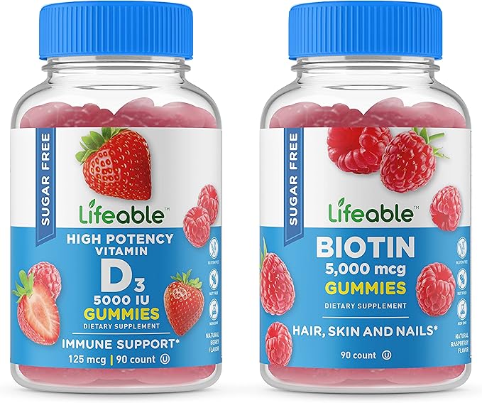 Lifeable Sugar Free Vitamin D 5000 IU + Biotin Gummies Bundle - Great Tasting Vitamin Supplement Gluten Free GMO Free Chewable Gummy