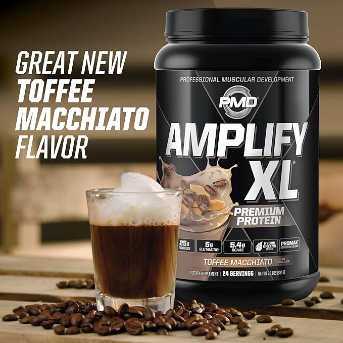 PMD Sports Amplify XL Premium Whey Protein Supplement Hydro Greens Blend - Glutamine and Whey Protein Matrix with Superfood for Muscle Strength and Recovery - Toffee Macchiato (24 Servings)