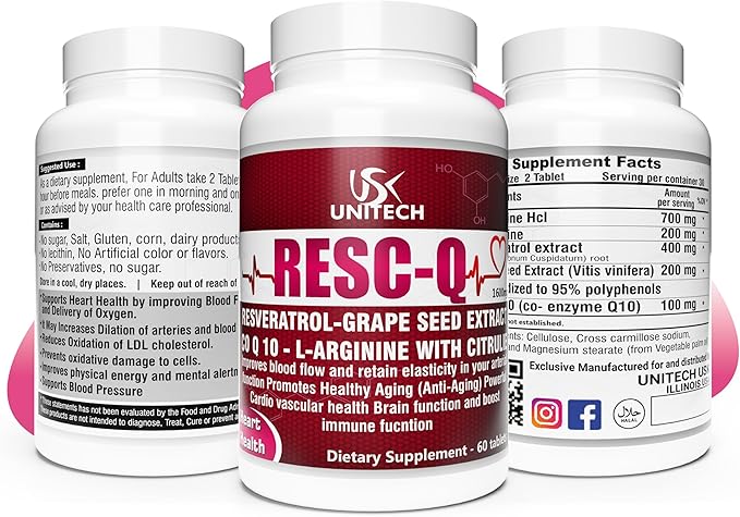 Unitech USK RESC-Q | Dietary Supplement with Resveratrol L-Arginine L-Citrulline &amp Grape Seed Extract | Supports Antioxidant Activity &amp Healthy Blood Circulation | 60 Tablets