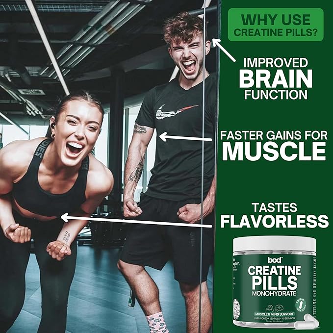 Bod Creatine Monohydrate Capsules – 45 Servings (4 Capsules = 5 g) – Ultra-Pure 200 Mesh Creatine Monohydrate – Strength Power Muscle Growth &amp Recovery