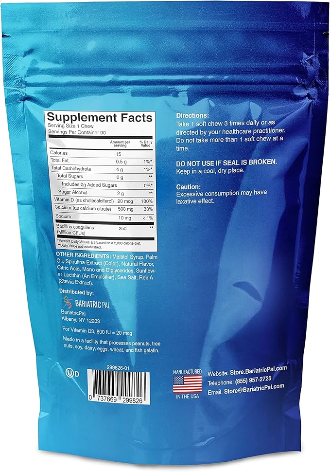 BariatricPal 30-Day Bariatric Vitamin Bundle (Multivitamin ONE 1 per Day! Capsule with 18mg Iron and Calcium Citrate Soft Chews 500mg with Probiotics - Blue Raspberry)