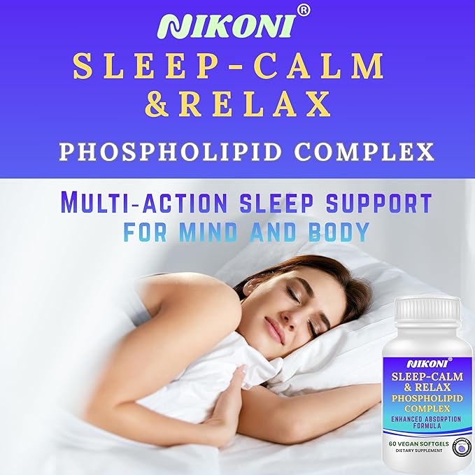 Nikoni Sleep‑Calm‑Relax – Phospholipid Complex with Melatonin L‑Theanine 5‑HTP &amp Herbal Extracts-60 Vegan Softgels