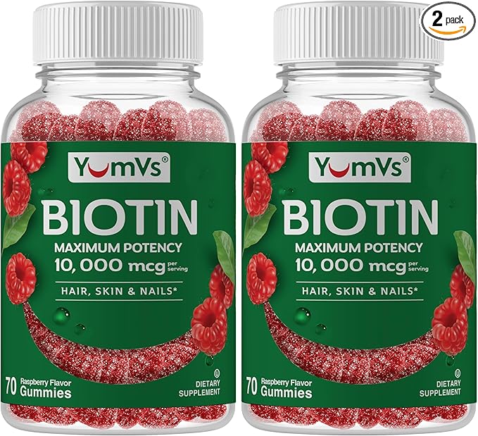 YUM-V'S Biotin Gummies 10000mcg – Biotin for Hair Growth Women – Great-Tasting Gummies – Hair Skin &amp Nails Vitamins – Non-GMO Vegan Biotina Supplement for Women – 70 Count (Pack of 2)