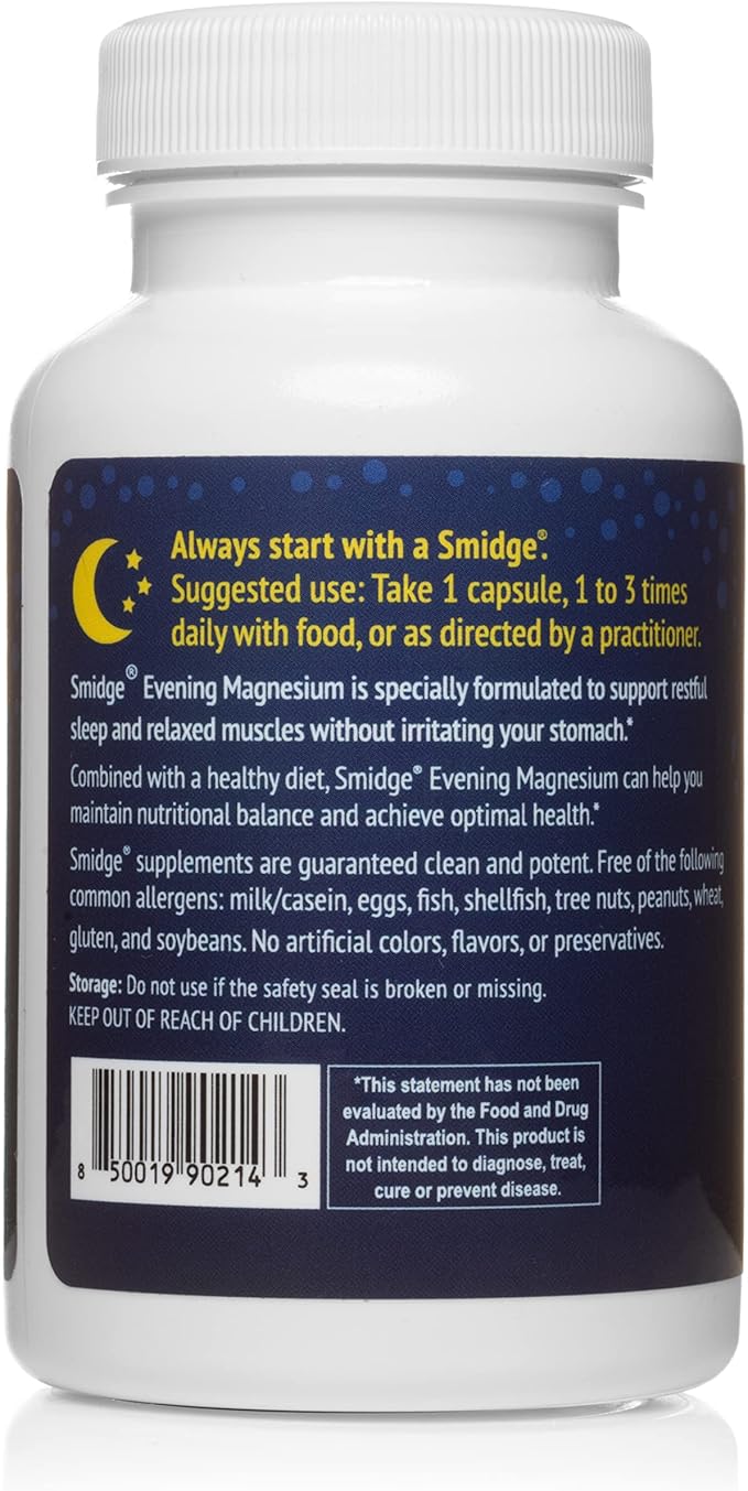 Smidge® Evening Magnesium Capsules 60 ct. Pure Non-GMO Magnesium Supplement to Support Rest &amp Relaxation.