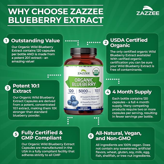 Zazzee USDA Organic Blueberry 10:1 Extract 120 Vegan Capsules 4 Month Supply Whole Fruit Vaccinium Angustifolium Antioxidant &amp Cellular Health Support Herbal Supplement Non-GMO Made in the