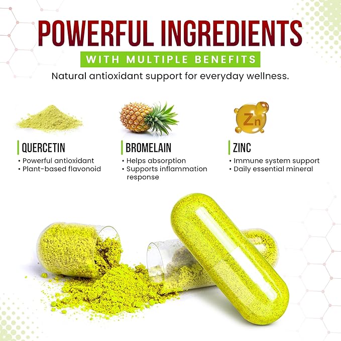 Quercetin Plus Bromelain and Zinc 180 Capsules - Immune Support Supplement for Adults Teens Seniors - Quercetin with Bromelain for Immune Support