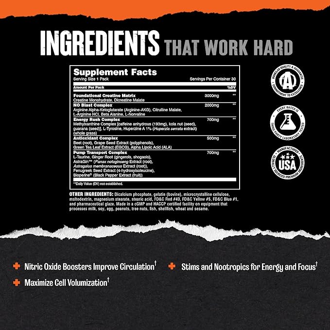 Animal Pump Pre-Workout Supplement – for Energy Focus and Muscle Volumizing with Nitric Oxide Boosters Including Stims and Nootropics Creatine and Ultimate Pump Enhancer 30 Packs