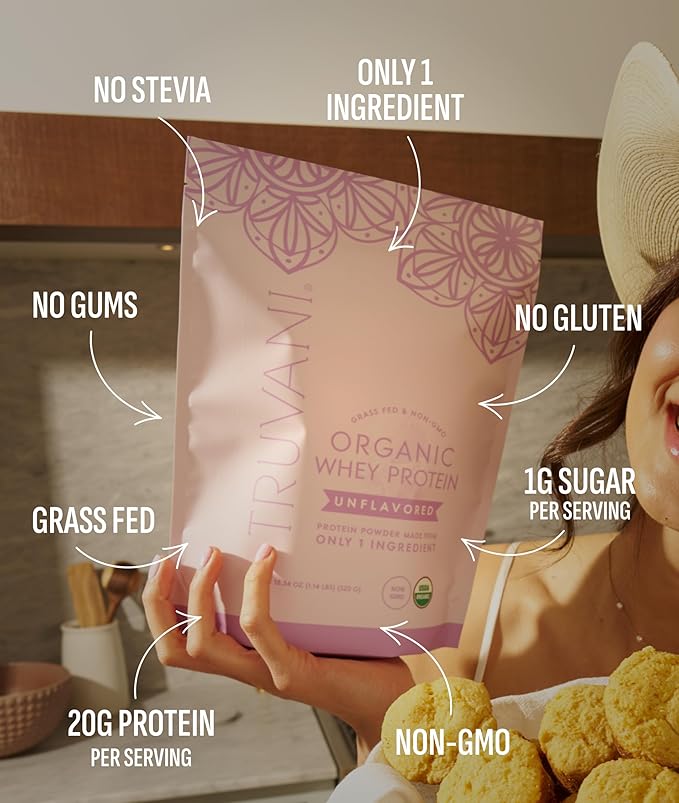Truvani Organic Whey Protein Powder | Unflavored | 20g Grass Fed Whey Protein | 20 Servings | USDA Organic &amp Non-GMO | Gluten Free | No Gums No Soy No Stevia No Added Sugars