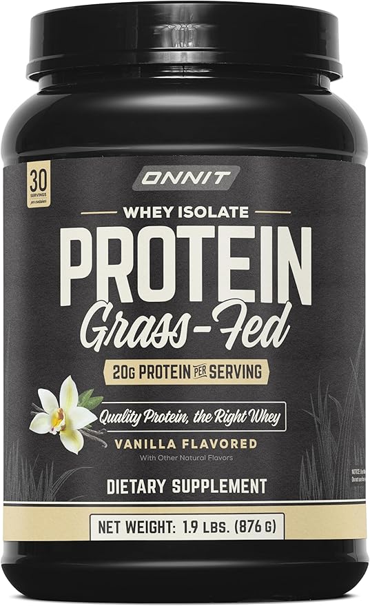 ONNIT Grass Fed Whey Isolate Protein Powder Vanilla Flavor Whey Protein Powder Dietary Supplement to Support Muscle Gain and Workout Recovery 30 Servings per Tub 30.7 oz