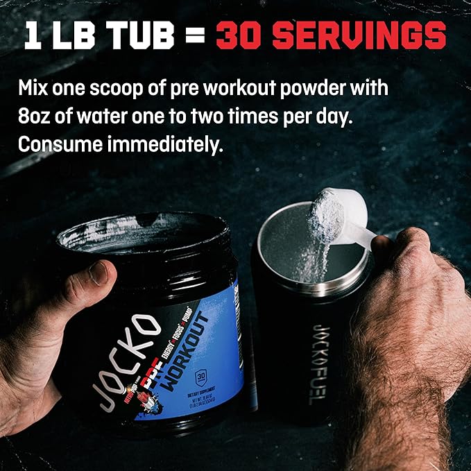Jocko Fuel Pre Workout for Men &amp Women - High Stim Low Sugar Blend with Beta Alanine + L-Citrulline Support Muscle Pump Energy &amp Recovery 200mg of Caffeine Nitro Pop 30 Servings 1.31lbs (