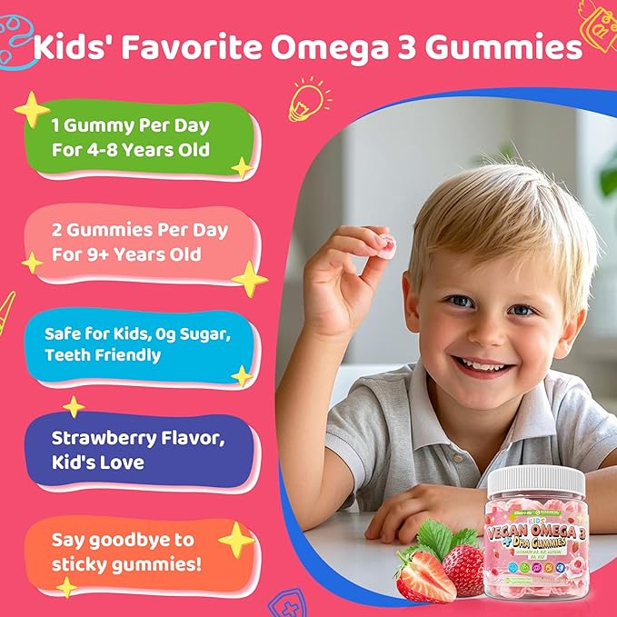 Kids Omega 3 Gummies for 4+ with DHA Vitamins D3 K2 C B6 Methyl B12 Luetin &amp PS No Fish Taste Sugar Free Omega 3 Fish Oil Alternative for Children for Brain Bone Eyes Focus Immunity 120 C