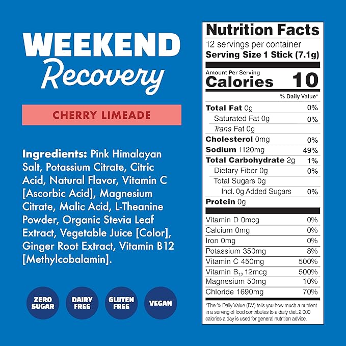Waterboy Weekend Recovery | 3200mg Electrolyte Powder Packets | Ginger + L-Theanine + Vitamins | No Sugar All Natural Gluten Free | Cherry Limeade