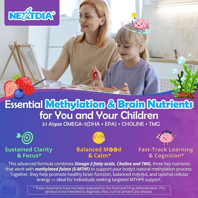 L-Methylfolate 1000 mcg + Methyl B12 Gummies for Kids &amp Adults - Active 5-MTHF w/Omega-3 DHA &amp EPA(3:1) Choline &amp TMG B6 Supports MTHFR Gene Brain Energy &amp Methylation Sugar fre
