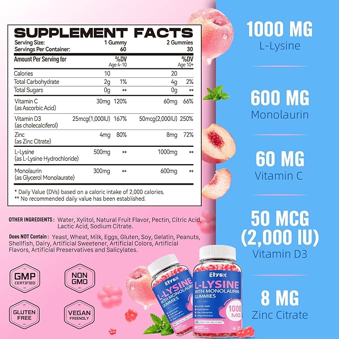 Kids Methylated Multivitamin &amp L-Lysine Chewable Gummies Immune &amp Brain Support Lip &amp Oral Health