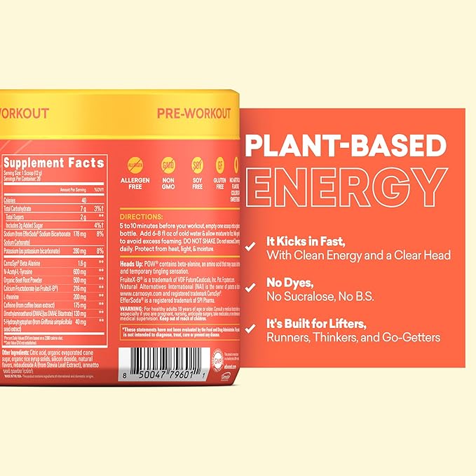 EBOOST POW Natural Pre Workout Powder - 20 Servings Peach Nectar - Preworkout Energy Booster Gym Supplement Drink Mix for Men and Women - Performance Joint Mobility Support - Gluten-Free