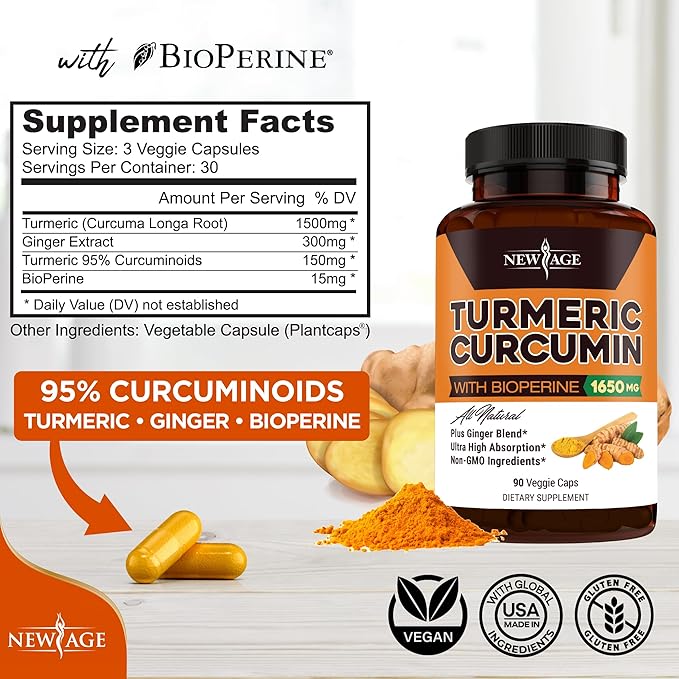 NEW AGE Turmeric Curcumin Capsules - Standardized Curcuminoids - Non-GMO Gluten Free -270 Count (Pack of 3)