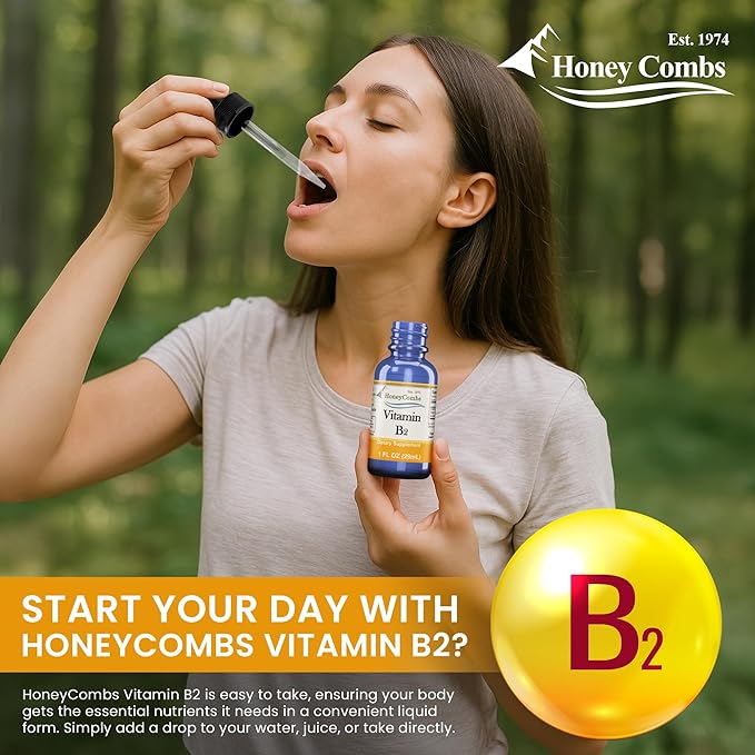 HoneyCombs Riboflavin Vitamin B2 Liquid Drops 750 Percent DV b2 Made in USA Alcohol Free B2 Vitamins Supplement Alternative to Capsules for Adult Daily Use (8 Fl oz)
