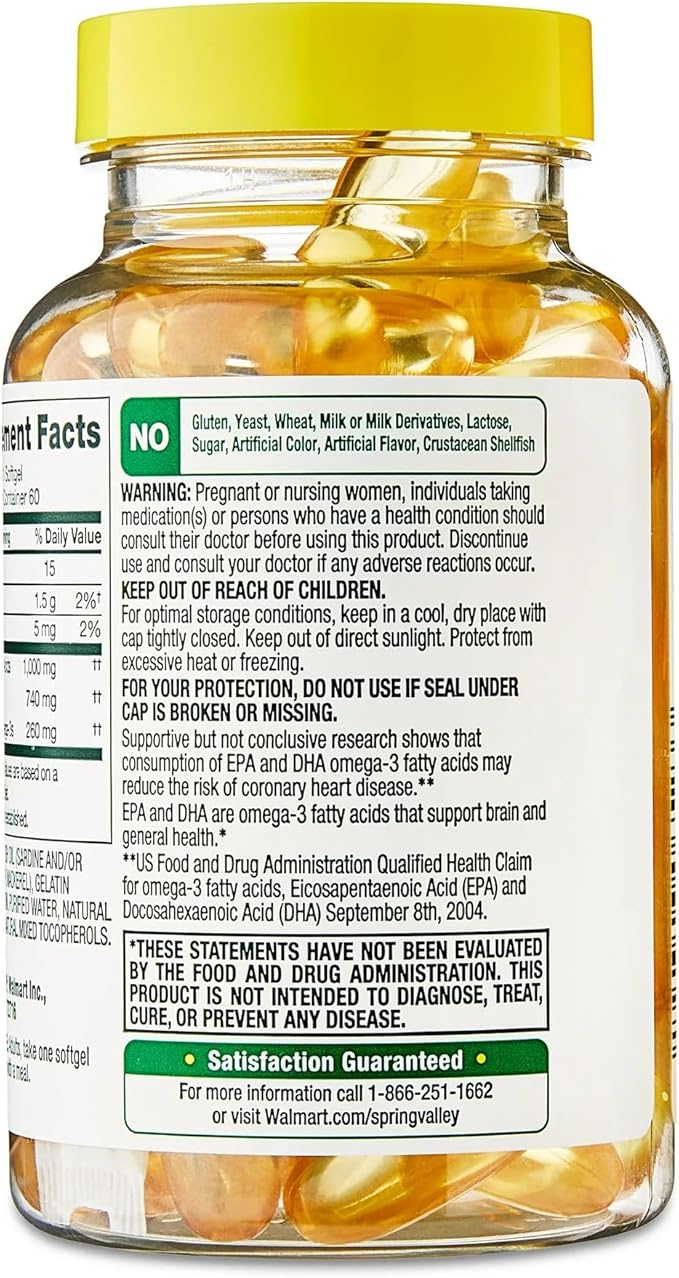 SUREFECT Spring Valley Proactive Support Omega-3 Fish Oil Dietary Supplement Softgels for Heart/General/Brain Health 1000 mg 60 Count Organizer.