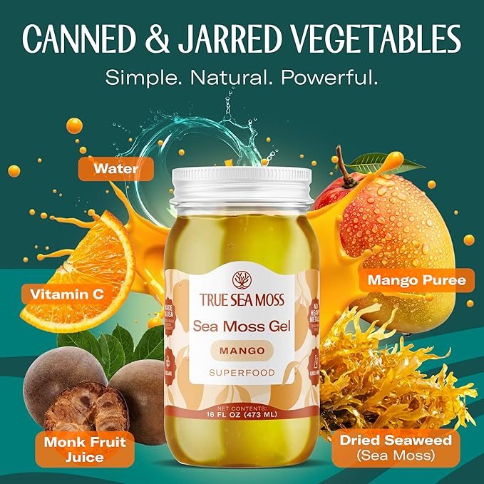 TrueSeaMoss Sea Moss Gel – Made in USA – Wildcrafted Seamoss Fruits &amp Jarred Vegetables – Mango Pack of 3 (Labels may Vary)