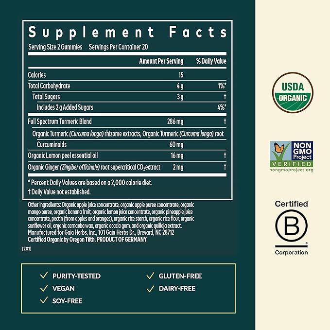 Gaia Herbs Turmeric Supreme Adult Daily - Daily Support for Healthy Active Lifestyle* - USDA Certified Organic Blend of Turmeric &amp Supportive Herbs - 40 Vegan Gummies (20 Servings)
