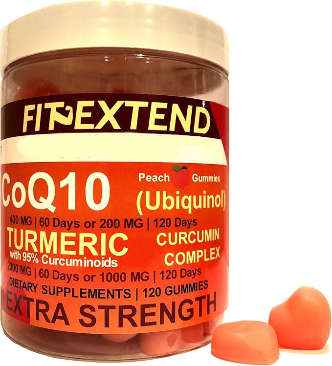 COQ10 200mg Ubiquinol &amp Turmeric Gummies 1000mg 120 Days Peach Turmeric Gummies Anti-Aging Extra Strength Curcumin Antioxidant Formula Extra Strength Unisex
