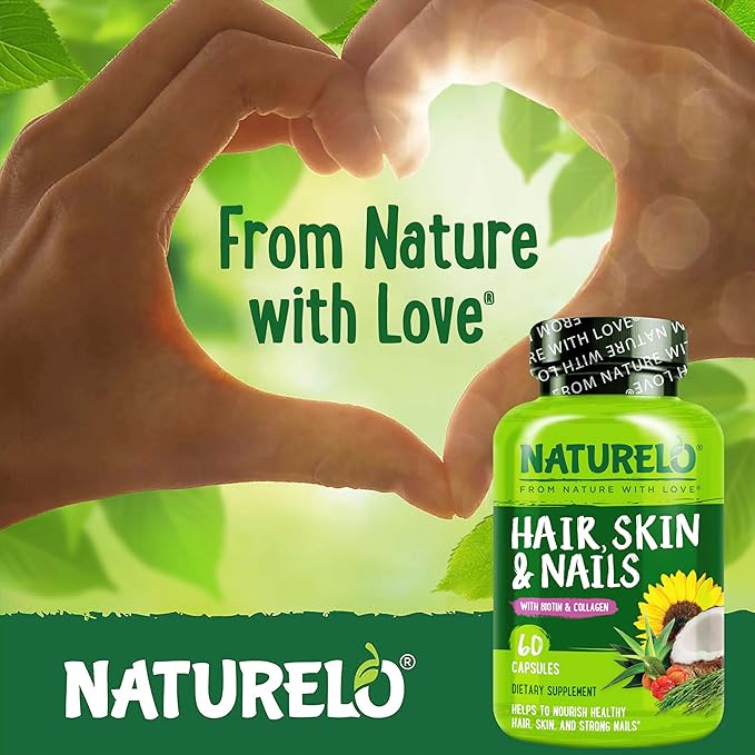 NATURELO Hair Skin and Nails Vitamins - 5000 mcg Biotin Collagen Natural Vitamin E - Supplement for Healthy Skin Hair Growth for Women and Men – 60 Capsules