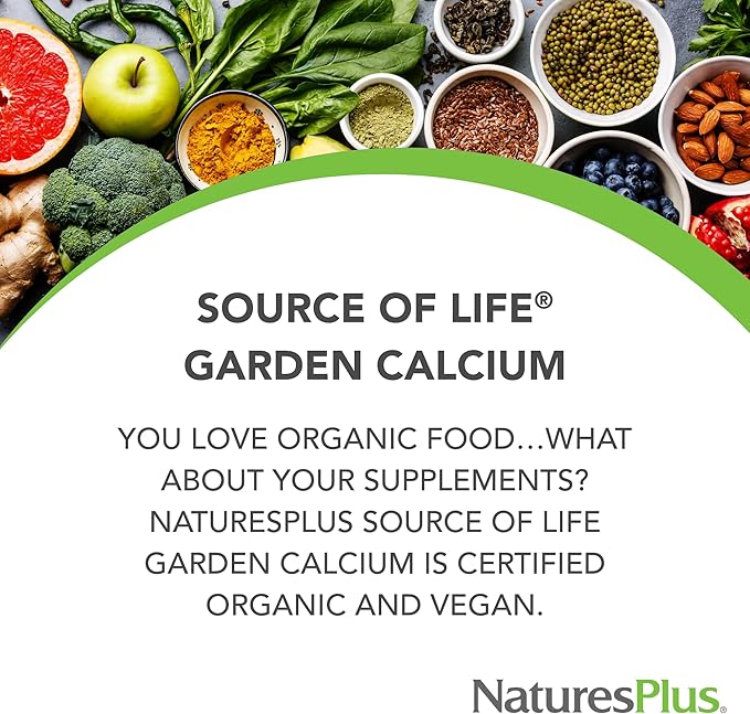 NaturesPlus Source of Life Garden Calcium - 120 Capsules - Calcium Supplement with Magnesium &amp 20 Whole-Food Extracts - USDA Certified Organic Non-GMO Vegan Gluten Free - 30 Servings
