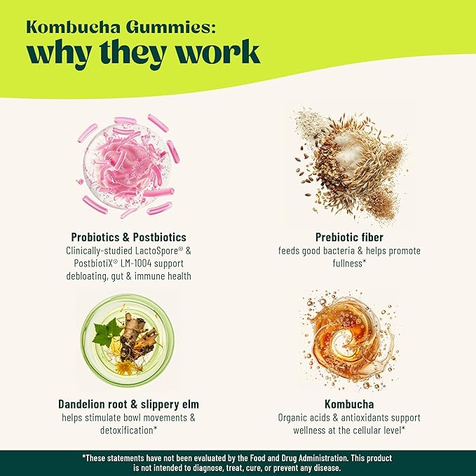 Probiotic Kombucha Gummy - Prebiotics Probiotics Postbiotics Fiber Supplement Slippery Elm Dandelion Root MCT Oil for Bloating Gut Health - Probiotics for Women and Men