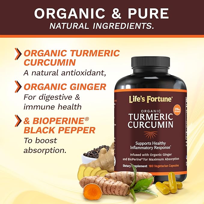 Life's Fortune Organic Turmeric Curcumin with Black Pepper and Ginger Enhanced Absorption Extra Strength Supplement Joint &amp Immune Support Non-GMO 180 Cap - 2250mg