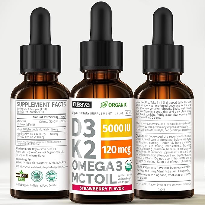 (4 Pack) Organic Vitamin D3 K2 Drops with MCT Oil Omega 3 5000 IU - Maximum Strength Vitamin D Liquid No Fillers Non-GMO Liquid D3 for Faster Absorption and Immune Support (Strawberry 4 Fl Oz)