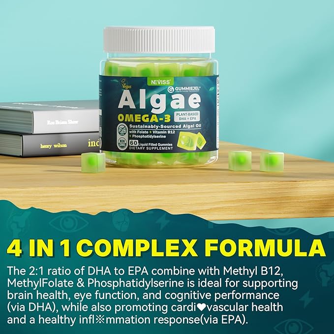 Vegan Omega-3 Gummies for Adults Fish Oil Alternative from Algae Oil Plant Based DHA 460mg &amp EPA 230mg Plus MethylFolate Vitamin B12 Phosphatidylserine No Fishy Taste Vegan Sugar Free 60 C