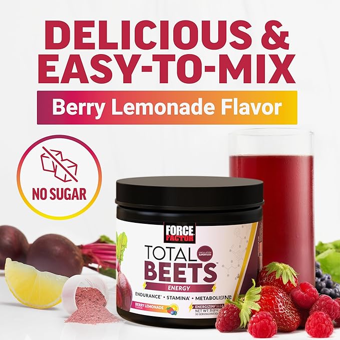 Total Beets Energy Drink Mix 2-Pack Superfood Beet Root Powder Nitrates to Boost Energy Support Circulation Blood Flow Nitric Oxide and Stamina Heart Health Supplement Force Factor 60 Servings