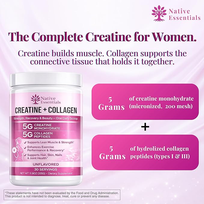 Creatine for Women + Collagen Peptides 5g Each - Muscle Beauty Performance