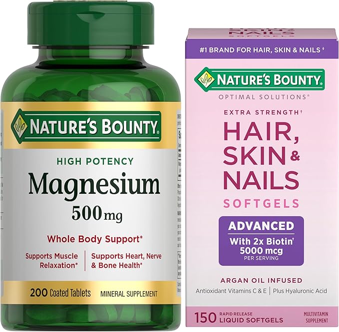 Nature's Bounty Magnesium 500mg Tablets (200 Ct) + Advanced Hair Skin &amp Nails with Biotin Hyaluronic Acid &amp Argan (150 Softgels) | High Potency Magnesium for Bone &amp Muscle Health + Beaut