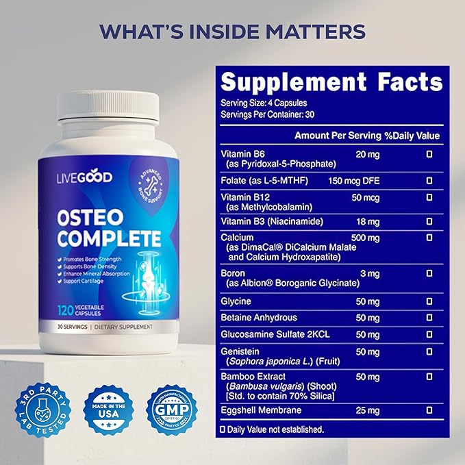 LiveGood Osteo Complete Bone and Joint Support with Highly Absorbable Calcium Glucosamine Eggshell Membrane Boron and Silica for Bone Density Flexibility and Mobility (90 Capsules)