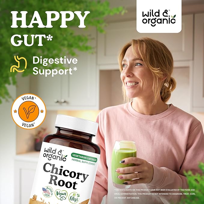 Wild &amp Organic Chicory Root Capsules - 1200 mg of Chicory Root Powder per Serving - Digestive &amp Gut Support - Inulin Fiber Prebiotic Supplement - Non-GMO Vegan Inulin Capsules - 90 Count