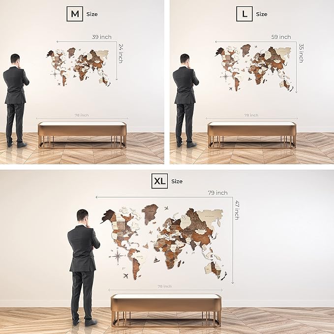 Handmade 3D Wood World Map Wall Art Large Wall Decor Track Your World Travels - Special for Home Kitchen and Office (Large Oak)
