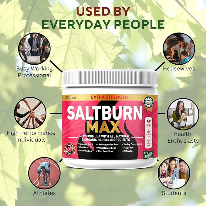 SaltBurn Max Extra Strength Natural Supplement with Organic Herbal Ingredients Turmeric Moringa Wheatgrass 28 Servings 6.3 oz (2)