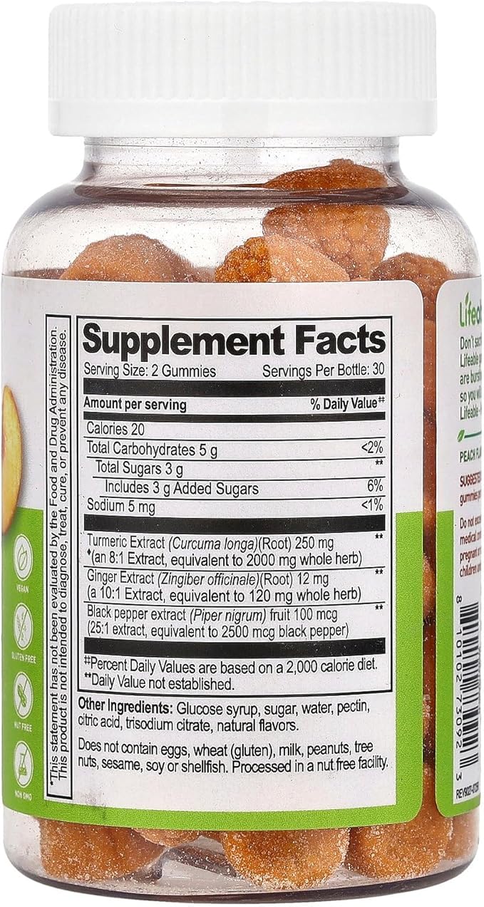 Lifeable Turmeric Curcumin Gummies Peach 60 Gummies