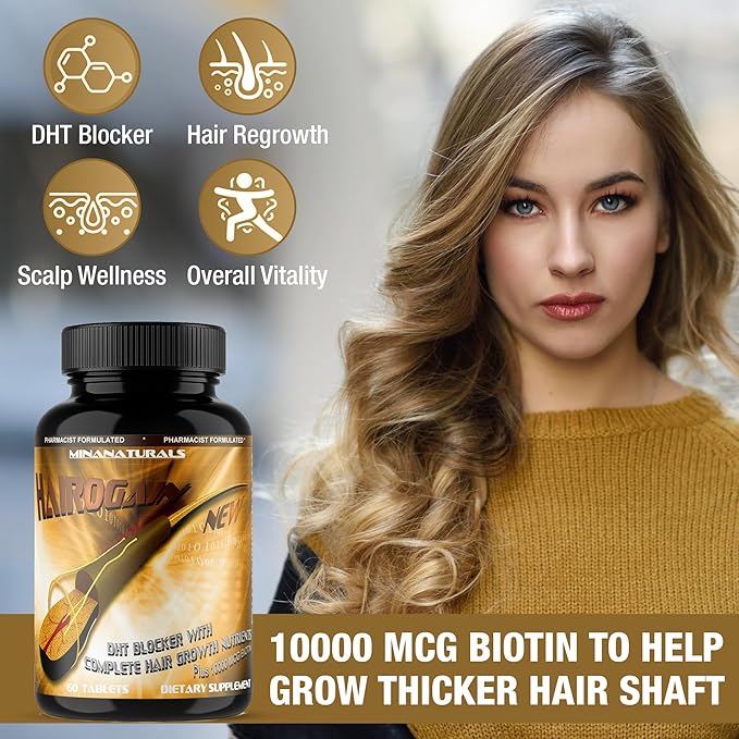 HAIROGAIN DHT Blocker. Support Hair Growth. 10000 mcg Biotin Collagen &amp Hair Vitamins Added. Help Decrease Hair Loss and Baldness. 60 Tablets