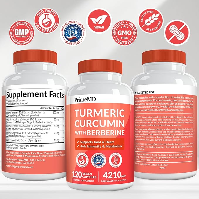 5-in-1 Organic Turmeric Curcumin Supplement (4210mg) with Berberine Ceylon Cinnamon Bioperine and Ginger Supplements for Joint Heart Gut &amp Metabolic Support (120 ct) (Pack of 2)