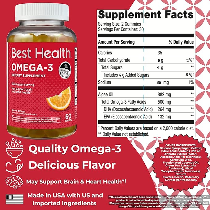 Omega-3 Gummies with 500mg of Omega-3 per Serving Made from Algae Natural Orange Flavor &amp Other Natural Flavors (60ct)