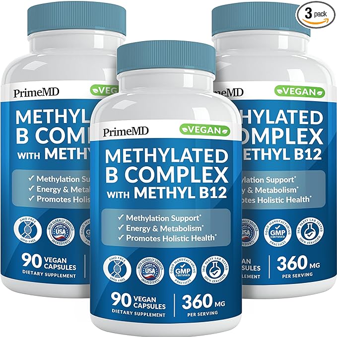 Methylated B Complex with B12 Methylcobalamin &amp Methyl Folate 1000 mcg - Premium Vitamin B Complex for Energy Brain Function and Wellness - Methylated Multivitamin (270 Servings Pack of 3)