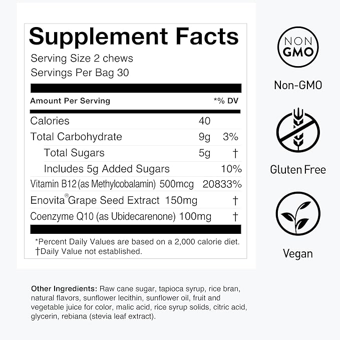 HumanN SuperGrapes Chews Supplement – 100mg CoQ10 and Grape Seed Extract – from The Makers of SuperBeets - Grape Flavor 60 Count