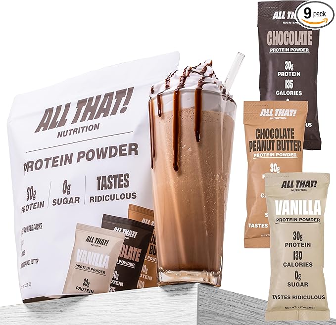 Protein Powder Packets - Whey Protein Stick Packs Variety Pack (9) Single Serve Vanilla Chocolate &amp Chocolate Peanut Butter Low Calorie 0g Sugar Soy-Free &amp Gluten-Free