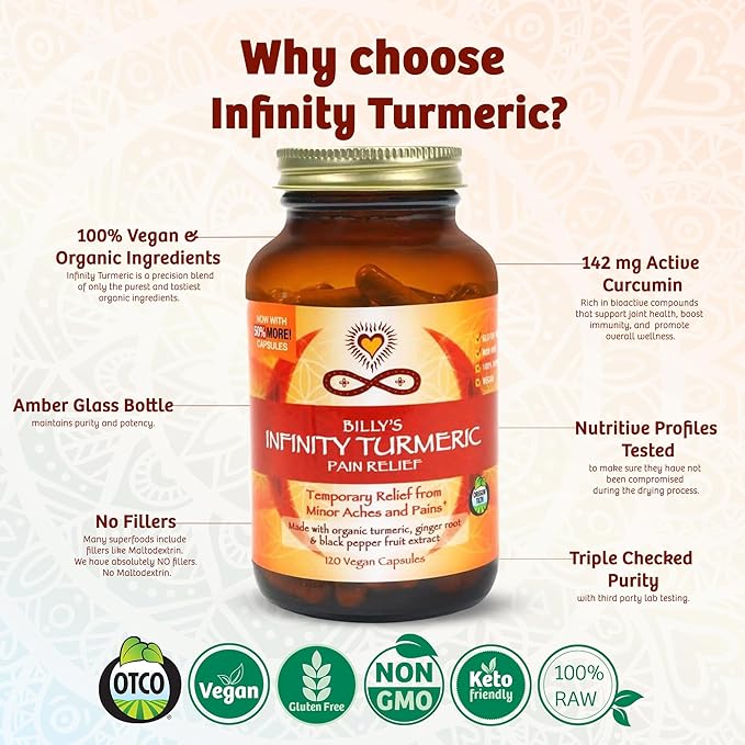 Infinity Turmeric Capsules High Potency Curcumin Supplement USDA Certified Organic Supplement with Black Pepper and Ginger Raw Vegan Gluten Free