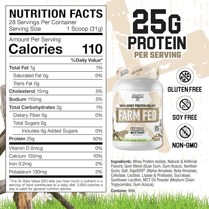 Axe &amp Sledge Farm Fed 100% Whey Protein Isolate | 25g Protein | Low Carb Low Sugar Gluten Free | Protein Powder for Men and Women | Keto | Made in The USA | 28 Servings Vanilla Milkshake