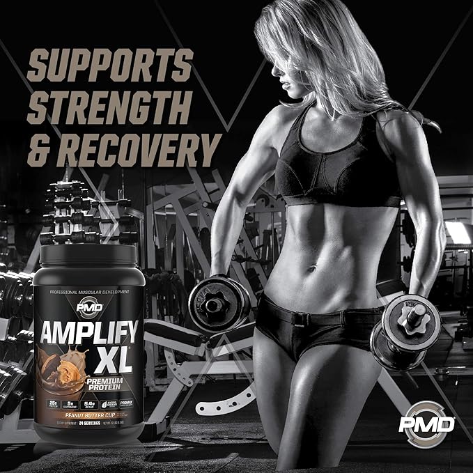 PMD Sports Amplify XL Premium Whey Protein Supplement Hydro Greens Blend - Glutamine and Whey Protein Matrix with Superfood for Muscle Strength and Recovery - Peanut Butter Cup (24 Servings)