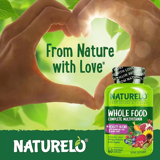 NATURELO Whole Food Multivitamin with Extra Hair Skin &amp Nails Support - Beauty Blend with Hyaluronic Acid &amp Grape Seed - High Potency Biotin Vitamin C &amp Glutathione 60 Vegan Capsules (